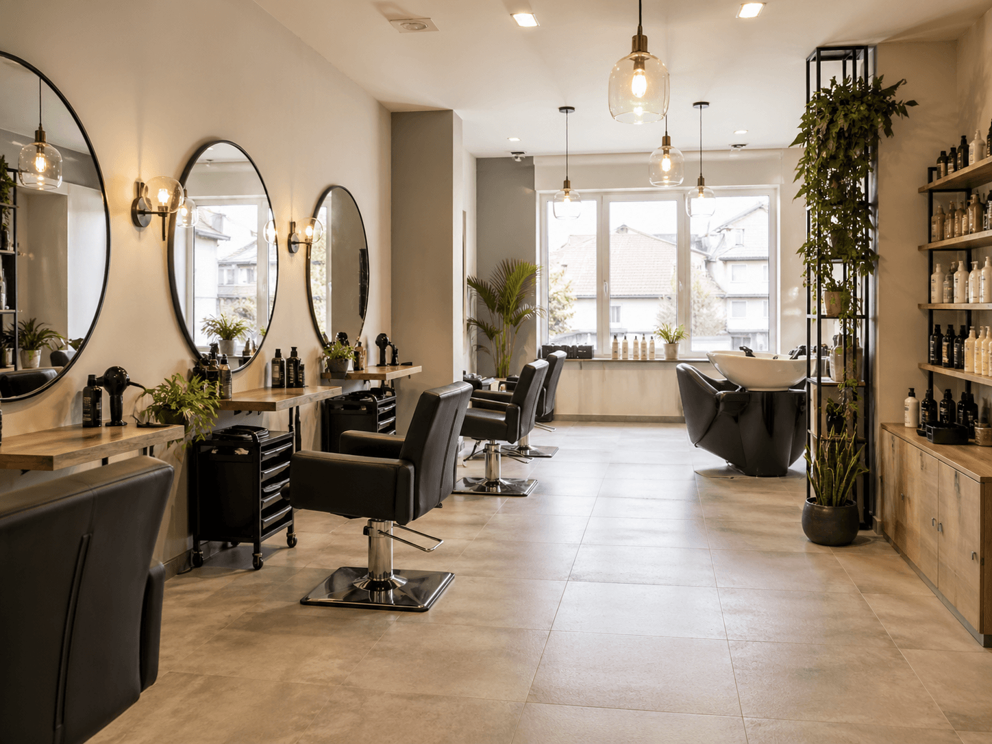 Svetao frizerski salon sa ogledalima i radnim mestima, spreman za klijente